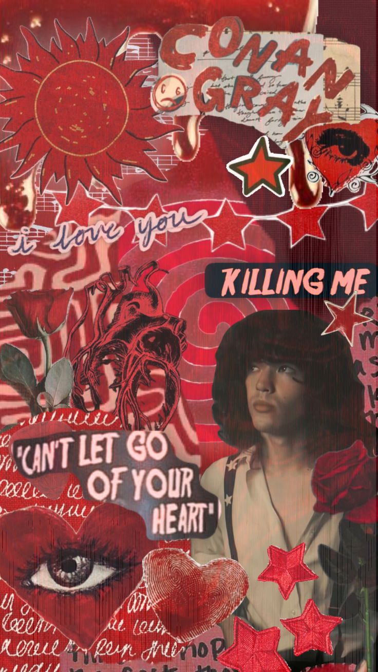 a collage of red and white images with words on them, including an image of a woman's face