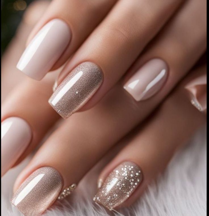 New Years Nail Designs Gold, Christmas Nails 2023 Neutral, Festive Nail Designs Sparkle, Beige Nails With Sparkle, Festive Nails New Years, Nude Nails Christmas Design, Christmas Nails Champagne, New Years Neutral Nails, Holiday Nails Silver Sparkle