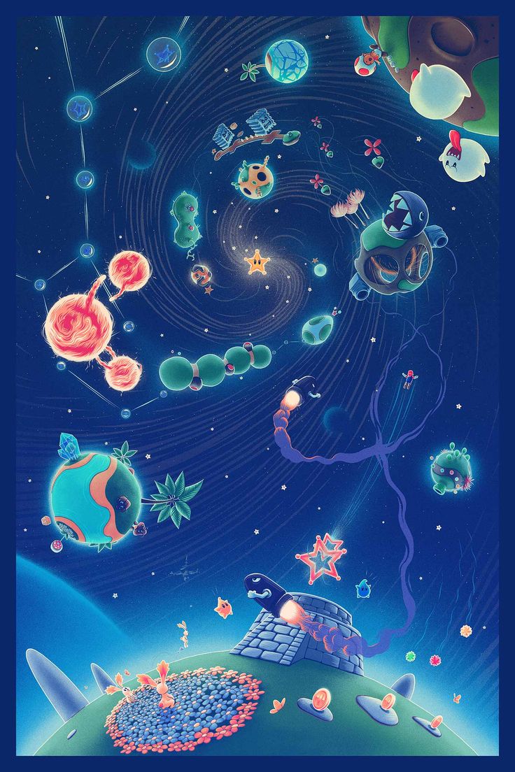 an image of a space scene with planets and stars in the sky, as well as other objects