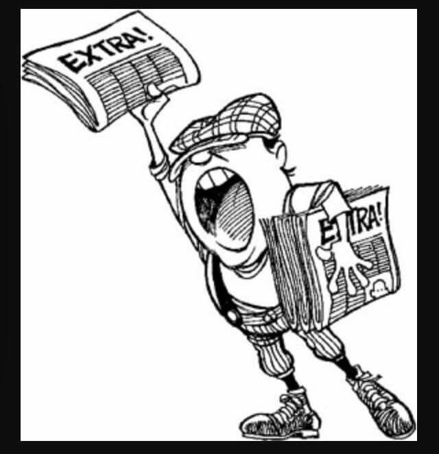 a cartoon drawing of a man holding an extra newspaper and yelling at the viewer with his mouth wide open