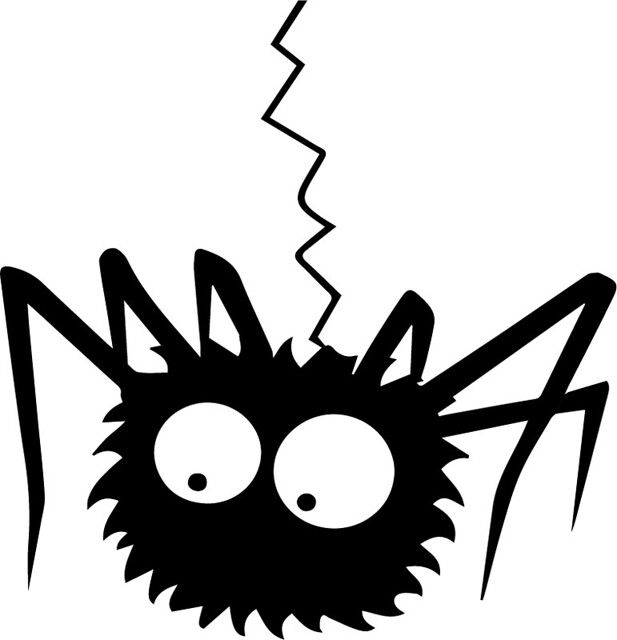 a black and white cartoon spider looking at the ground with its eyes open, while it's head is broken