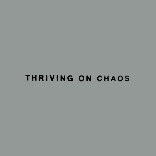 the words thriving on chaos written in black ink against a gray background with an image of a