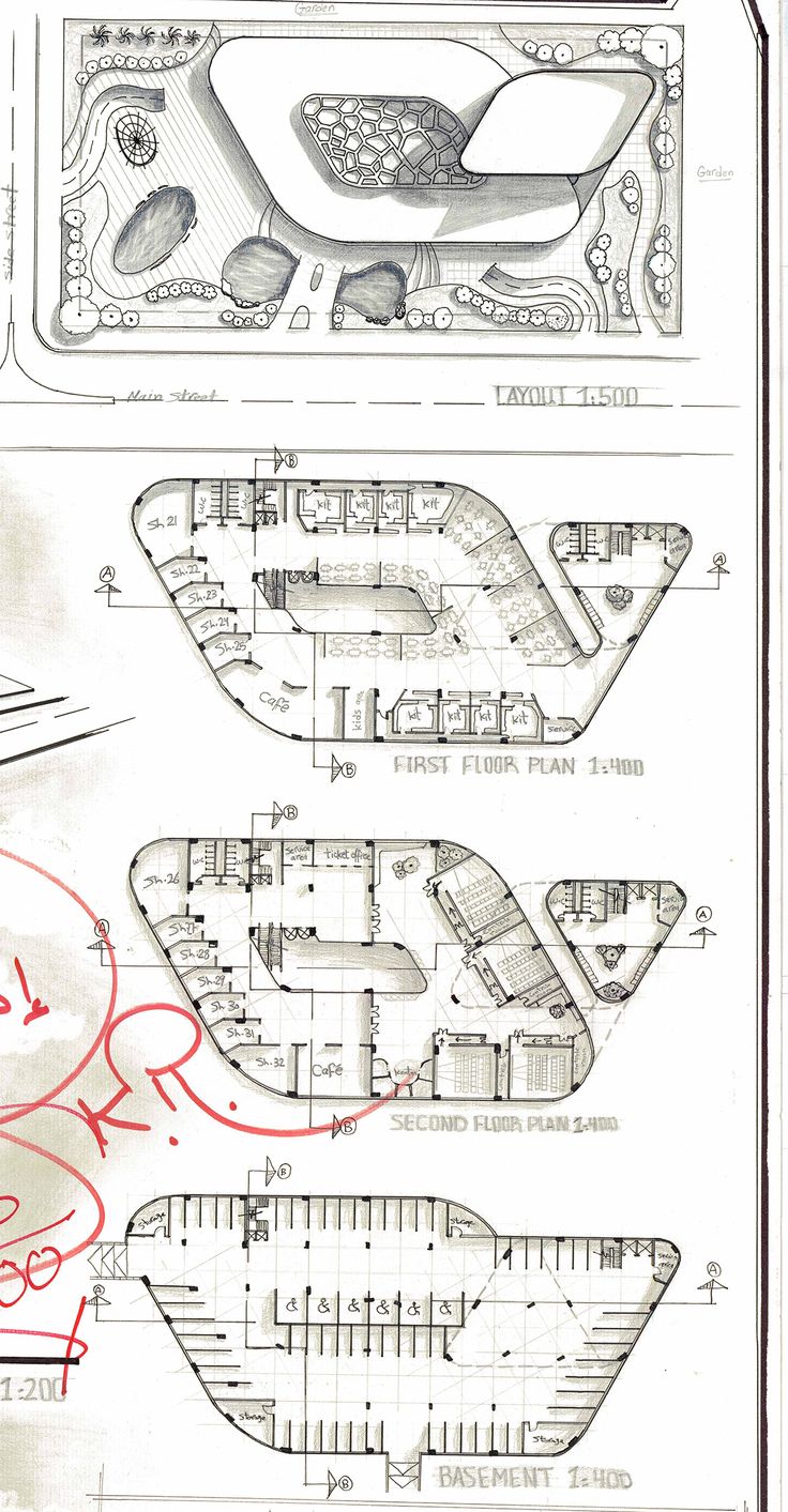 the plans for an airplane are shown in red and blue ink on white paper with black writing