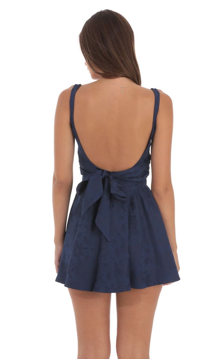 Floral Jacquard Open Back Bow Dress in Navy | LUCY IN THE SKY Back Bow Dress, Upf Clothing, Casual Day Dresses, Bow Dress, Floral Jacquard, Fabulous Dresses, Junior Bridesmaid Dresses, Blue Mini Dress, Little White Dresses