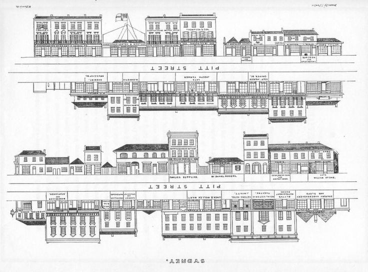 an old drawing shows the plans for several different buildings, including one with windows and two with balconies