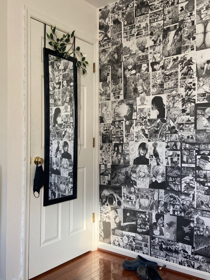 a room with a wall covered in pictures and mirrors