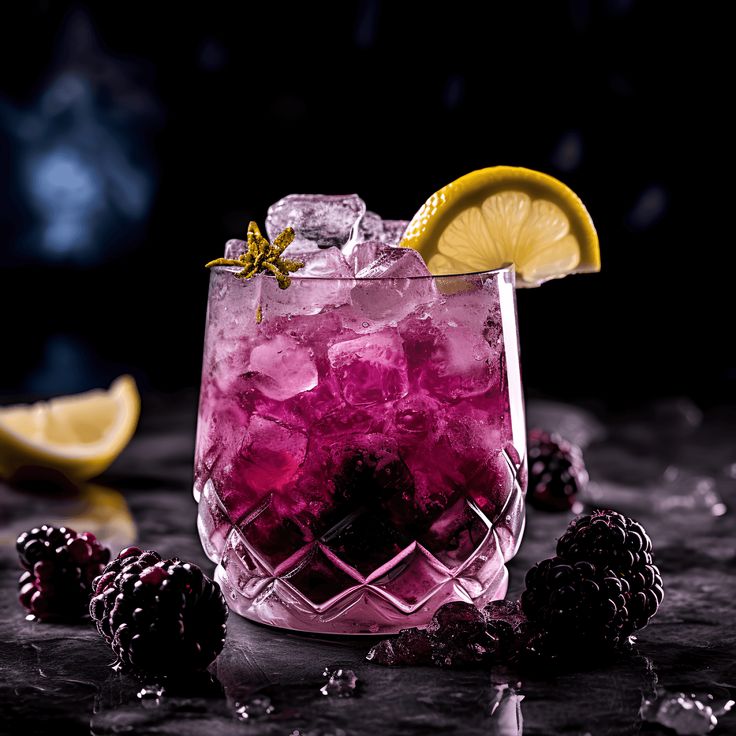 a glass filled with ice, lemon and blackberries