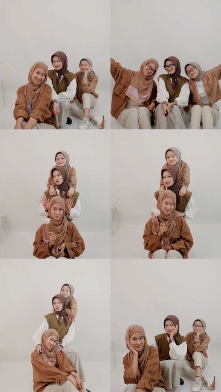 multiple images of people sitting on the floor with their arms around each other and smiling