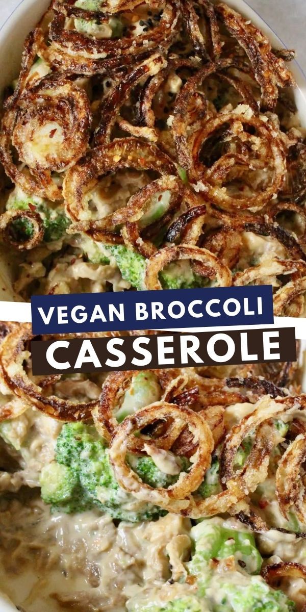 broccoli casserole in a white dish with the title vegan broccoli casserole