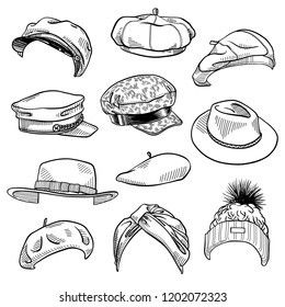 a collection of hats drawn in black and white