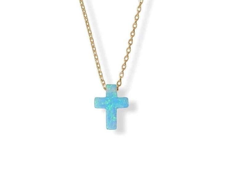 Blue Synthetic Opal Cross Necklace Blue Cross Necklace, Adjustable Blue Cross Necklace, Blue Adjustable Cross Necklace, Adjustable Blue Cross-shaped Jewelry, Blue Cross Necklace For Gift, Blue Sterling Silver Cross Necklace Gift, Synthetic Opal, Blue Cross, Jewelry Essentials