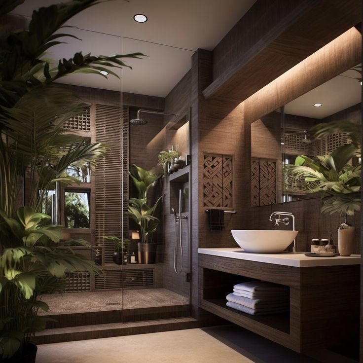 a bathroom with a sink, mirror and plants in the shower stall next to it