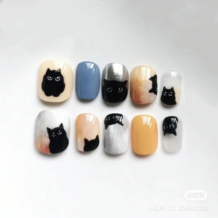 Cat Nail Polish, Acrylic Nails Cat Design, Dog Nails Art, Cat Gel Nails, Cute Cat Nail Art, Cat Design Nails, Cat Inspired Nails, Animal Crossing Nails, Cute Cat Nails