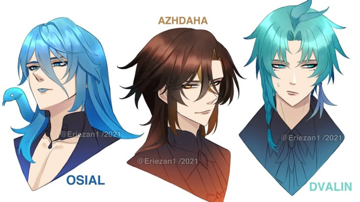 three anime avatars with blue hair and green eyes are shown in the same image