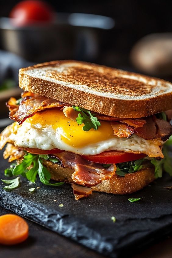 a bacon, egg and tomato sandwich is on a black plate with orange wedges