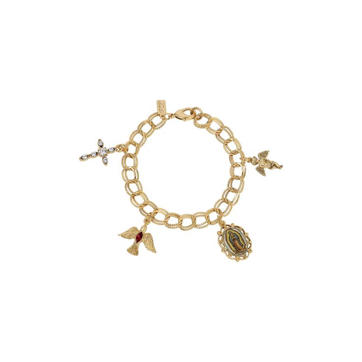 Wear a reminder of your spirituality every day with this lovely crystal-embellished gold tone religious charm bracelet from Symbols of Faith. Wear a reminder of your spirituality every day with this lovely crystal-embellished gold tone religious charm bracelet from Symbols of Faith. FEATURES Length: 7.25 in. Clasp: lobster-claw Metal: alloy Plating: gold tone Finish: polished Material: crystal, enamel Nickel safe Not appropriate for children 14 years old and younger. Size: One Size. Color: Yellow. Gender: female. Age Group: adult. Gold Spiritual Bracelet With Vintage Charm, Gold Spiritual Rosary Bracelet With Charms, Spiritual Gold Rosary Bracelet With Charms, Symbols Of Faith, Our Lady Of Guadalupe, Lady Of Guadalupe, Our Lady, Lobster Claw, Gender Female