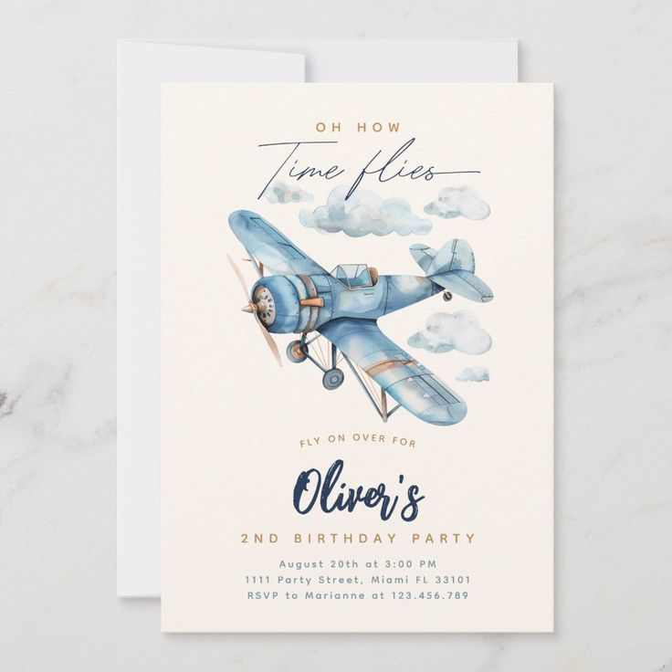 an airplane birthday party card with the words, one now time flies on it's front