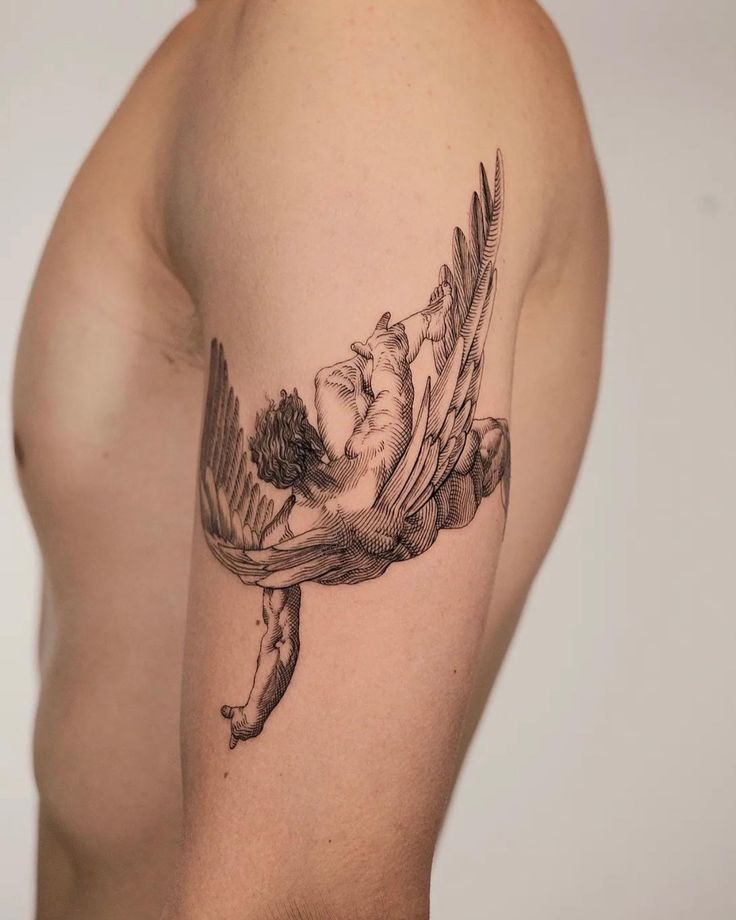 Icarus Fallen Angel Tattoo Icarus Tattoo, Greek Tattoo, Fallen Angel Tattoo, Etching Tattoo, Engraving Tattoo, Autumn Tattoo, Muscle Tattoo, 4 Tattoo, Angel Tattoo Designs