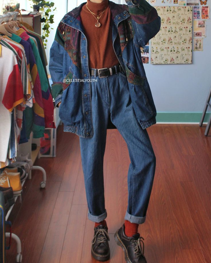 80s London Fashion, Color Blocked Outfits, Highwater Jeans Outfit, Artsy Masculine Outfits, 70s Tomboy Style, Neo Folk Fashion, Grunge Enby Outfits, Whimsical Masculine Outfit, Nonbinary Fall Fashion