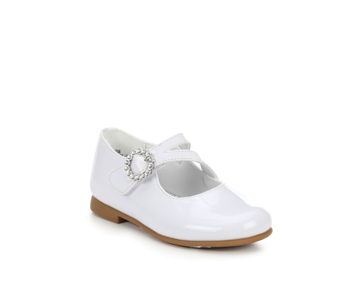 These shoes feature a classic and sophisticated design, perfect for formal events, weddings, parties, or any special occasion. The synthetic upper is adorned with delicate embellishments such as a jewel accent adding a hint of sparkle and glamour. The adjustable buckle closure ensures a secure and customized fit, allowing your child to walk with confidence. Velcro strap closure for an easy & secure fit, Classic round toe, Slip-on for easy entry, Lightly padded footbed, Smooth synthetic lining, F White Closed Toe Mary Janes For Party, White Round Toe Mary Janes For Party, Party White Round Toe Mary Janes, Elegant Closed Toe Mary Janes For Party, Formal Round Toe Mary Janes For Spring, Elegant Closed Toe Shoes For First Communion, Spring Wedding Round Toe Dress Shoes, Spring Wedding Dress Shoes With Round Toe, Elegant Closed Toe Wedding Shoes For First Communion