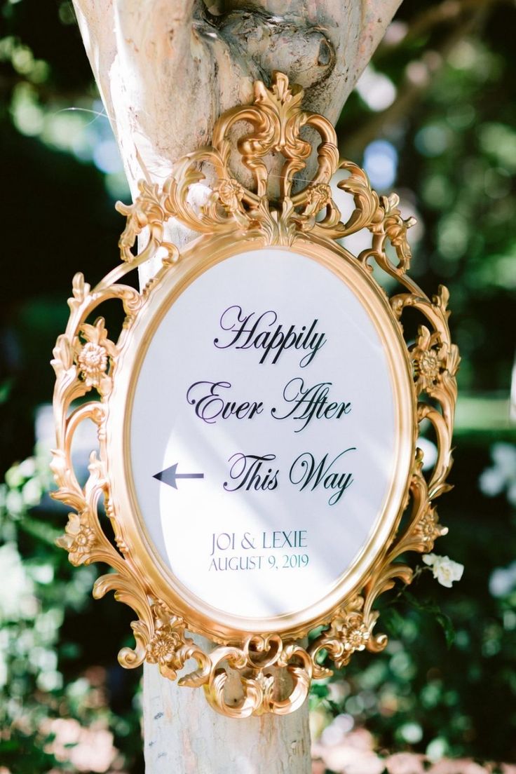 a sign that says happily ever after this way hanging from a tree in the park