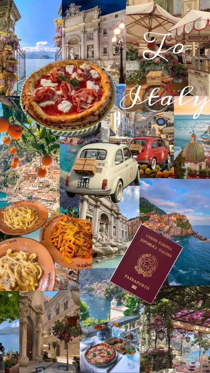 a collage of pictures with food and travel related items