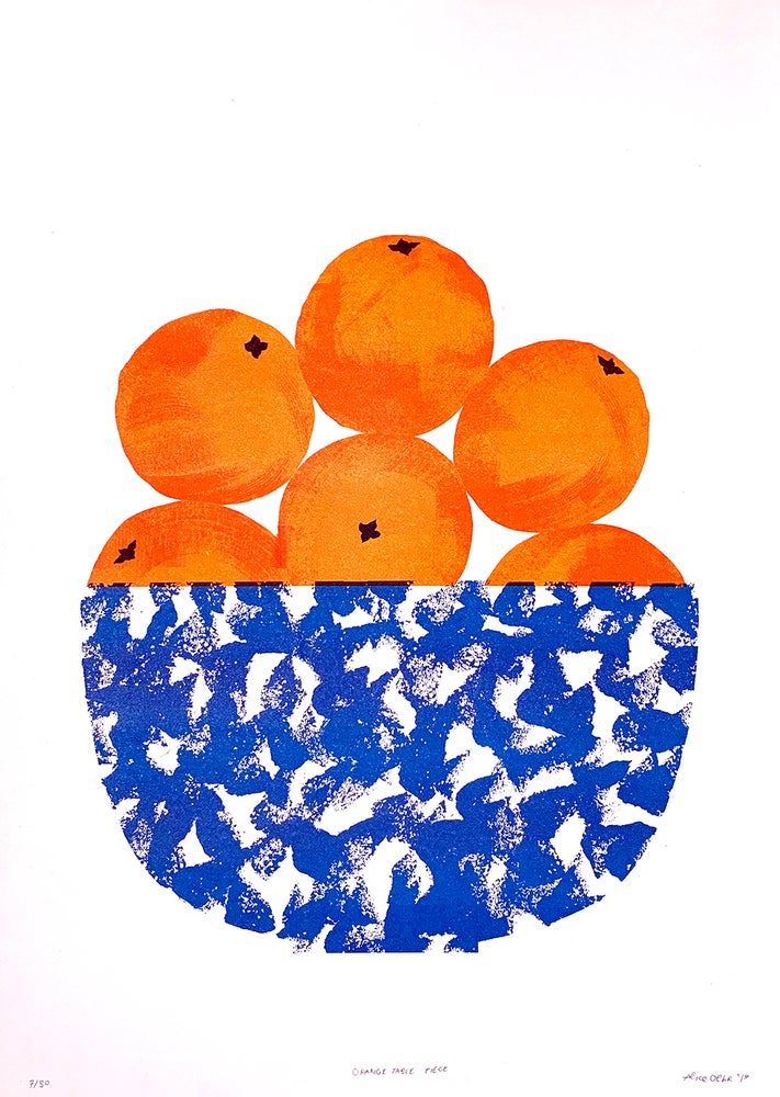 an image of oranges in a blue and white bowl on top of another painting