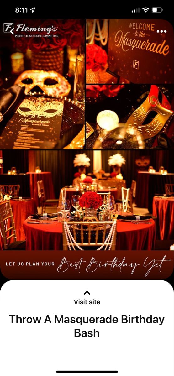 a masquerade themed party with red and gold decorations