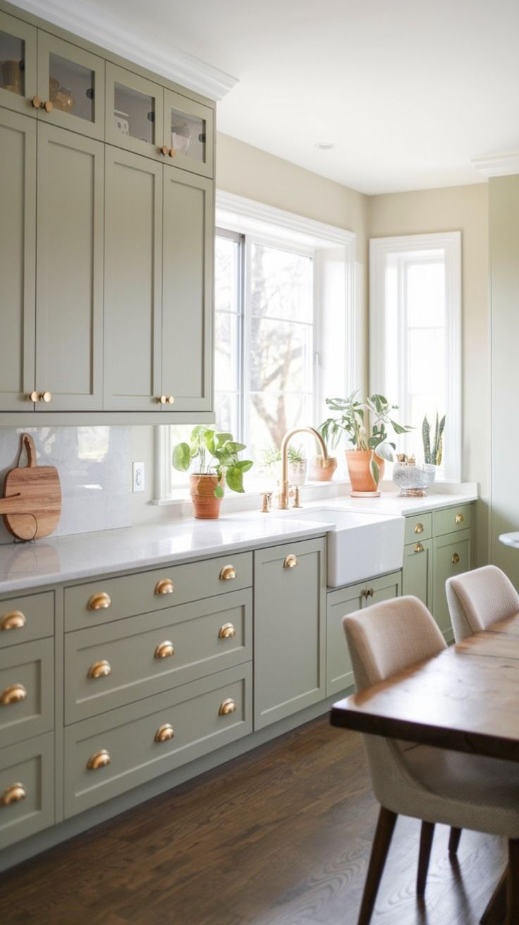 a kitchen filled with lots of green cabinets and white counter tops next to a wooden dining room table