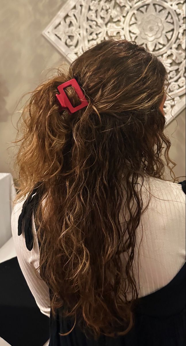 Wavy Hair Half Up Half Down Claw Clip, Wavy Hair Claw Clip, Half Up Half Down Claw Clip Curly Hair, Claw Clip Half Up Half Down, Half Up Half Down Wavy Hair, Wavy Half Up Half Down, Half Up Half Down Claw Clip, Half Up Hair Do, Frizzy Wavy Hair