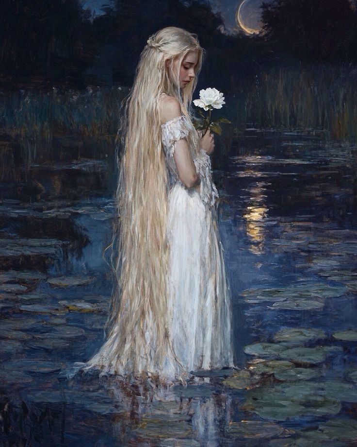 a painting of a woman with long blonde hair holding a white rose in her hand