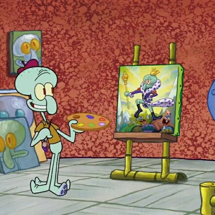 a cartoon character is painting on an easel