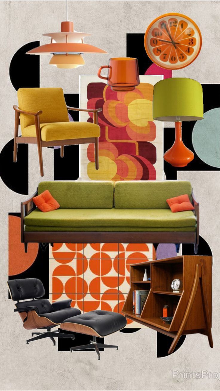 a collage of furniture and decor with oranges on the top, green couch below