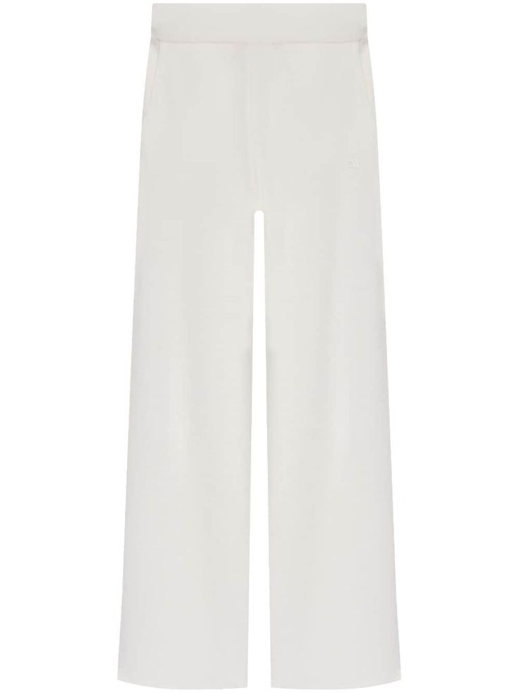 chalk white virgin wool fine knit appliqué logo ribbed trim wide leg elasticated waistband two side slash pockets White Wide-leg Bottoms With Ribbed Waistband, White Wide Leg Bottoms With Ribbed Waistband, Chic White Bottoms With Straight Hem, Chic White Wide Leg Loungewear Pants, Chic White Wide Leg Lounge Pants, Chic White Wide Leg Pants For Loungewear, White Wide Leg Pants With Straight Hem For Summer, White Pants With Elastic Waistband And Straight Hem, White Pants With Elastic Waistband