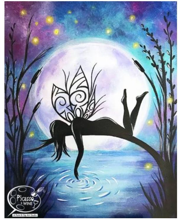 an acrylic painting of a woman floating in the water with wings on her back