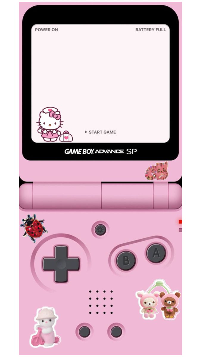 a pink game boy advance with stickers on it