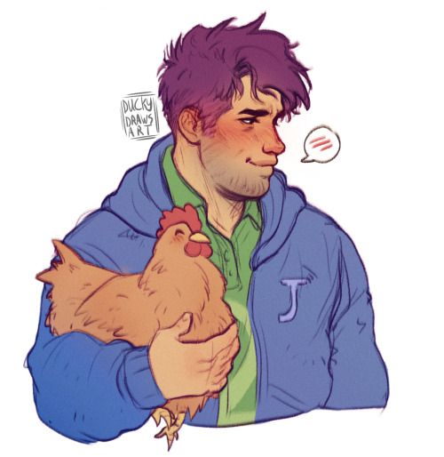 a drawing of a man holding a chicken in his arms and looking at the camera