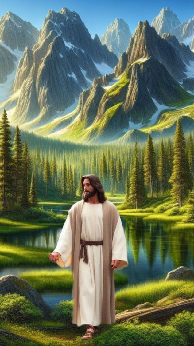 a painting of jesus standing in front of a mountain lake with trees and mountains behind him