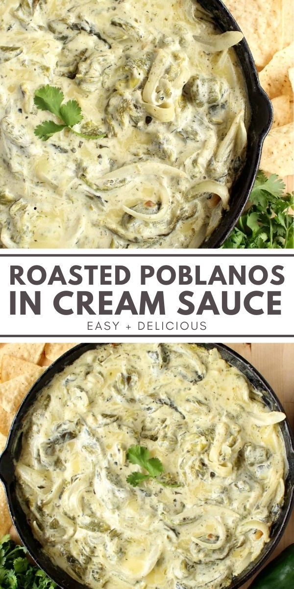 two images showing how to make roasted poblaanos in cream sauce with tortilla chips