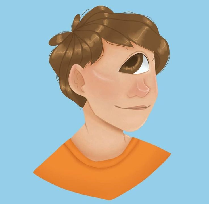 a drawing of a person with brown hair and an orange t - shirt is shown