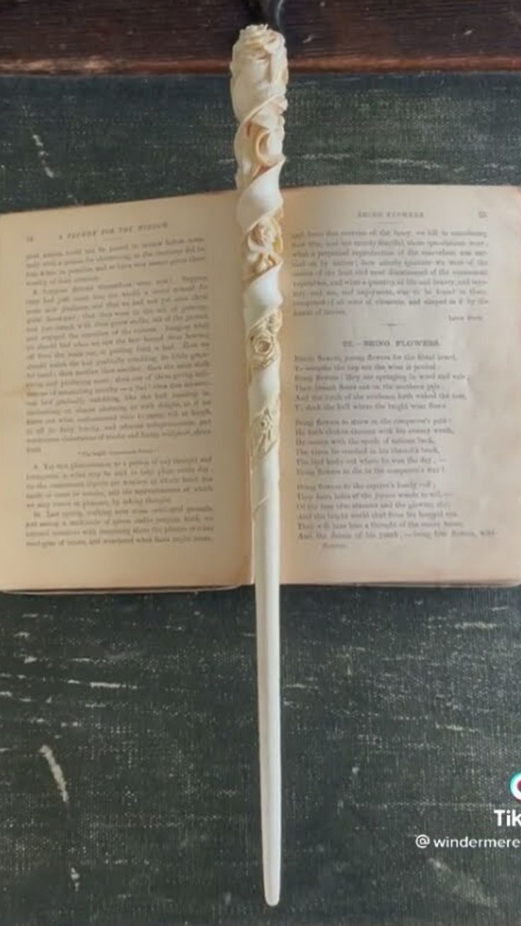 an open book with a long white stick sticking out of it