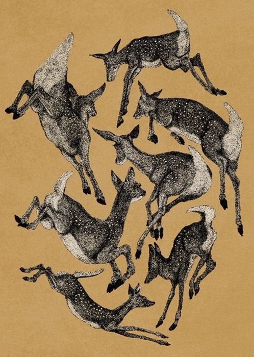 an image of deers jumping in the air on a brown paper with black ink