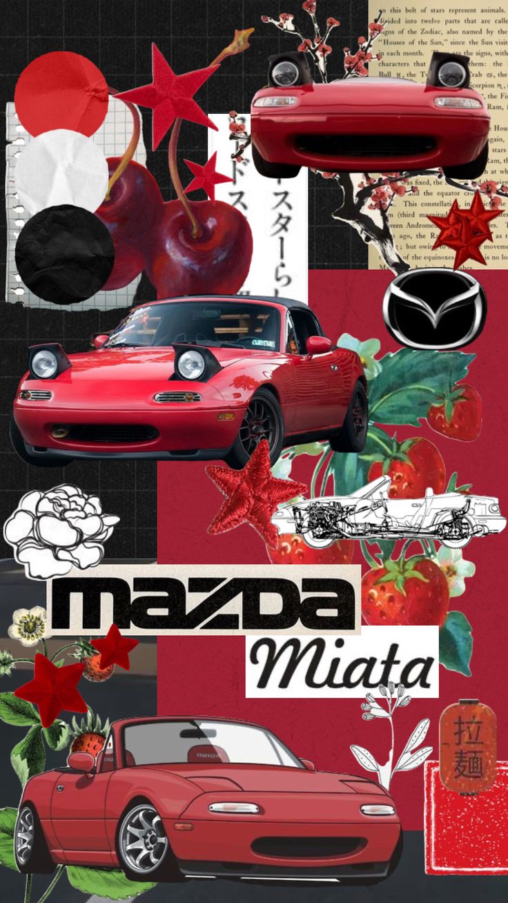 a red car is surrounded by many different images