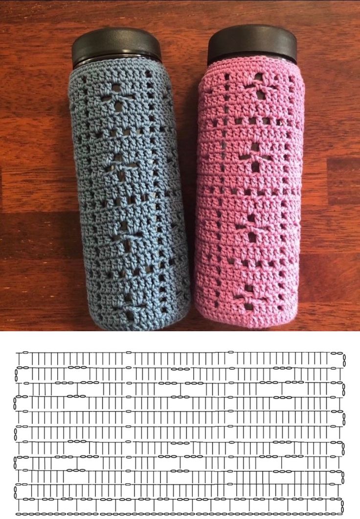 two crocheted water bottles sitting next to each other