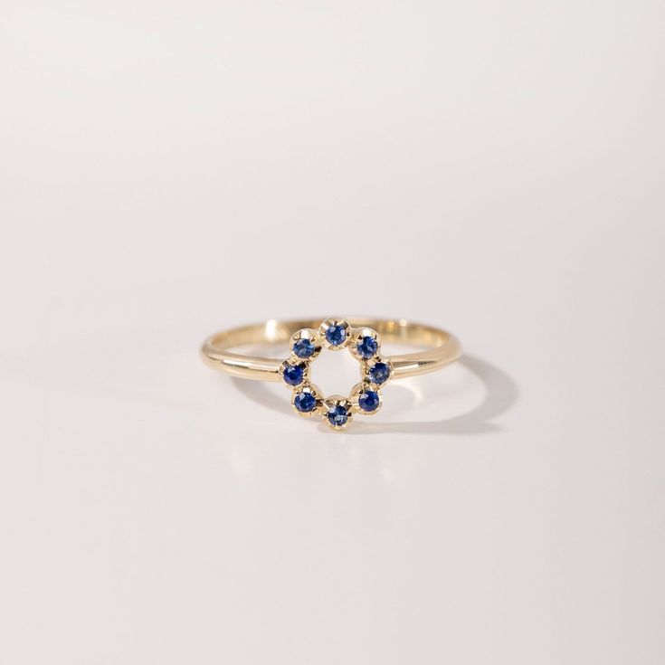 A dainty 14K solid gold ring with blue sapphire gemstones in a circle for women, ideal for stacking with more minimalist rings. The best gift for her. 100% handcrafted with love! PRODUCT DETAILS * Material: 14K solid white gold, 14K solid gold * Gemstone: Blue Sapphire, natural gemstones * Sapphires' Weight: 0.16 ct HOW TO ORDER  * Choose from the drop down menus the available options (Ring size, Metal) and leave us a note for any special requirements. PRODUCTION TIME - SHIPPING POLICIES * Pleas 14k Gold Birthstone Ring With Halo Design, Sapphire Birthstone Ring In 14k Gold, Dainty 14k Gold Sapphire Ring, 14k Gold Round Sapphire Birthstone Ring, Stamped 14k Sapphire Ring Fine Jewelry, Sapphire Rings Stamped 14k, Fine Jewelry 14k Gold Round Sapphire Ring, Blue Birthstone Cluster Ring In 14k Gold, 14k Stamped Sapphire Ring Gift