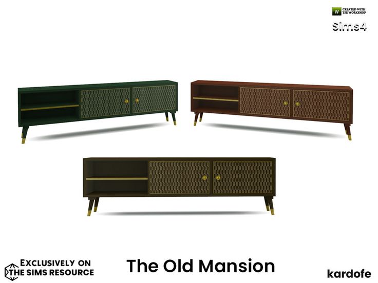 three pieces of furniture with the words the old mansion written on each side and an image of