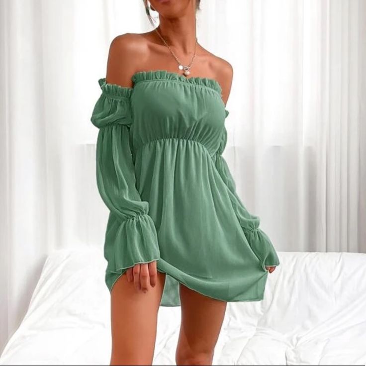 Beautiful Sea Foam Green, Slightly Sheer Dress. Size M. Never Worn! Off-shoulder Solid Mini Dress For Brunch, Solid Off-shoulder Mini Dress For Brunch, Casual Off-shoulder Mini Dress For Dress Down Occasions, Flirty Green Off-shoulder Dress, Flirty Off-shoulder Green Dress, Green Flirty Flowy Dress, Flirty Green Flowy Dress, Green Off-shoulder Mini Dress For Beach, Green Off-shoulder Mini Dress For Brunch