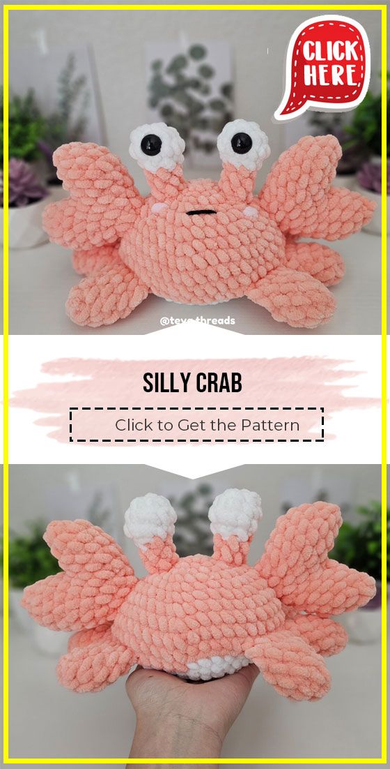 a hand holding a stuffed crab made out of knitted material with the caption silly crab click to get the pattern