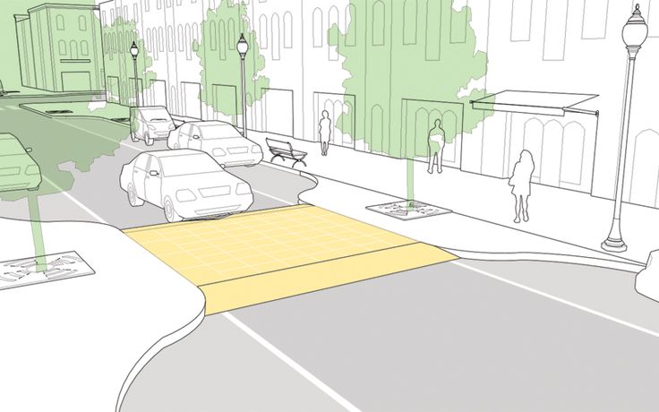 an artist's rendering of a city street with cars parked on the sidewalks and people walking down the sidewalk