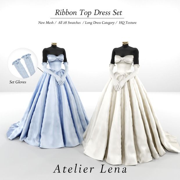 two dresses are shown in different colors and sizes, one is blue and the other is white